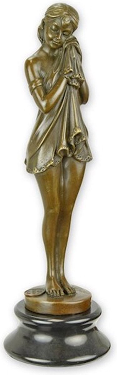 Huilend Meisje - Bronzen beeld - Bedroefd Sculptuur - Brons op Marmer Beeldje - Interieur Decoratie - 7x7x23