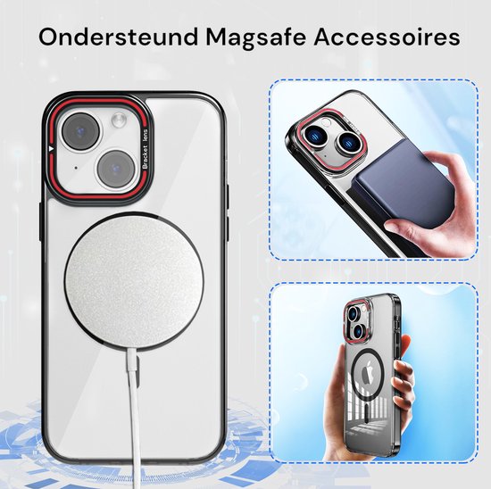 Doorzichtige iPhone 15 hoes met MagSafe-cirkel. Boven: met MagSafe-oplader. Onder: in hand, met standaard.