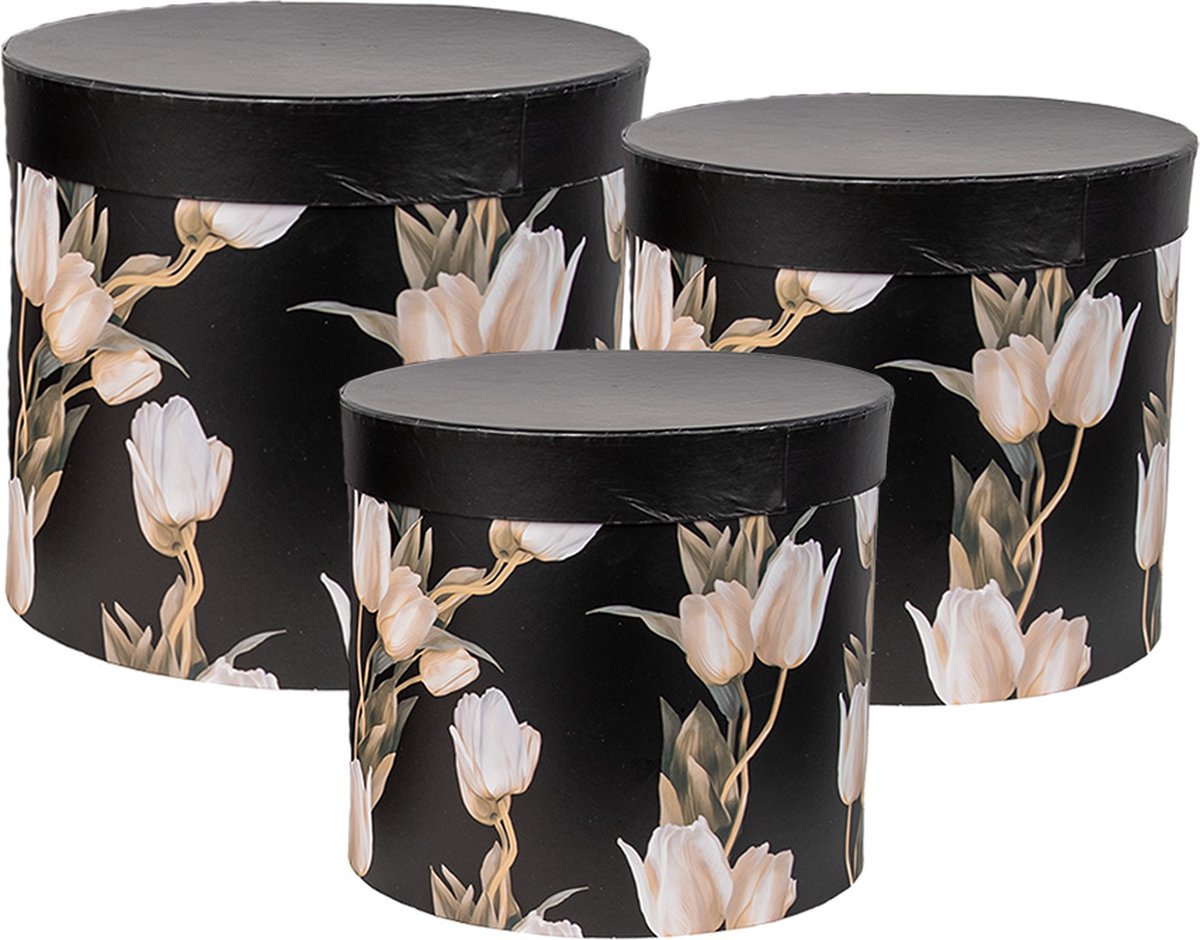 Clayre & Eef Opbergdoos Set van 3 Ø 24x21 / Ø 22x29/ Ø 19x18 cm Zwart Karton Tulpen
