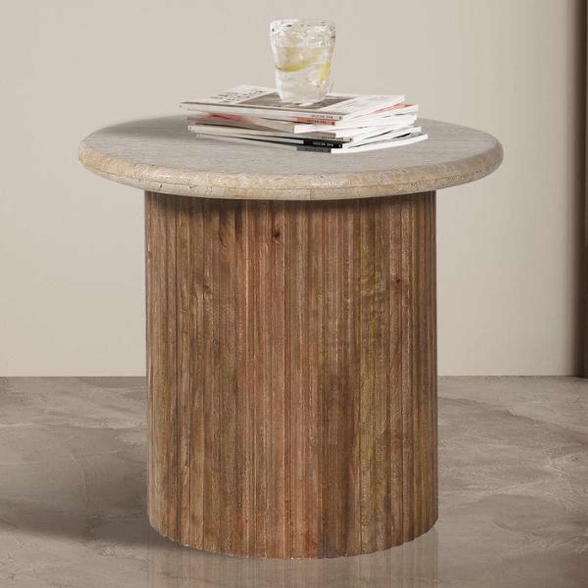 Bijzettafel 'Louis' 50 cm Mango Hout met Travertin Beige