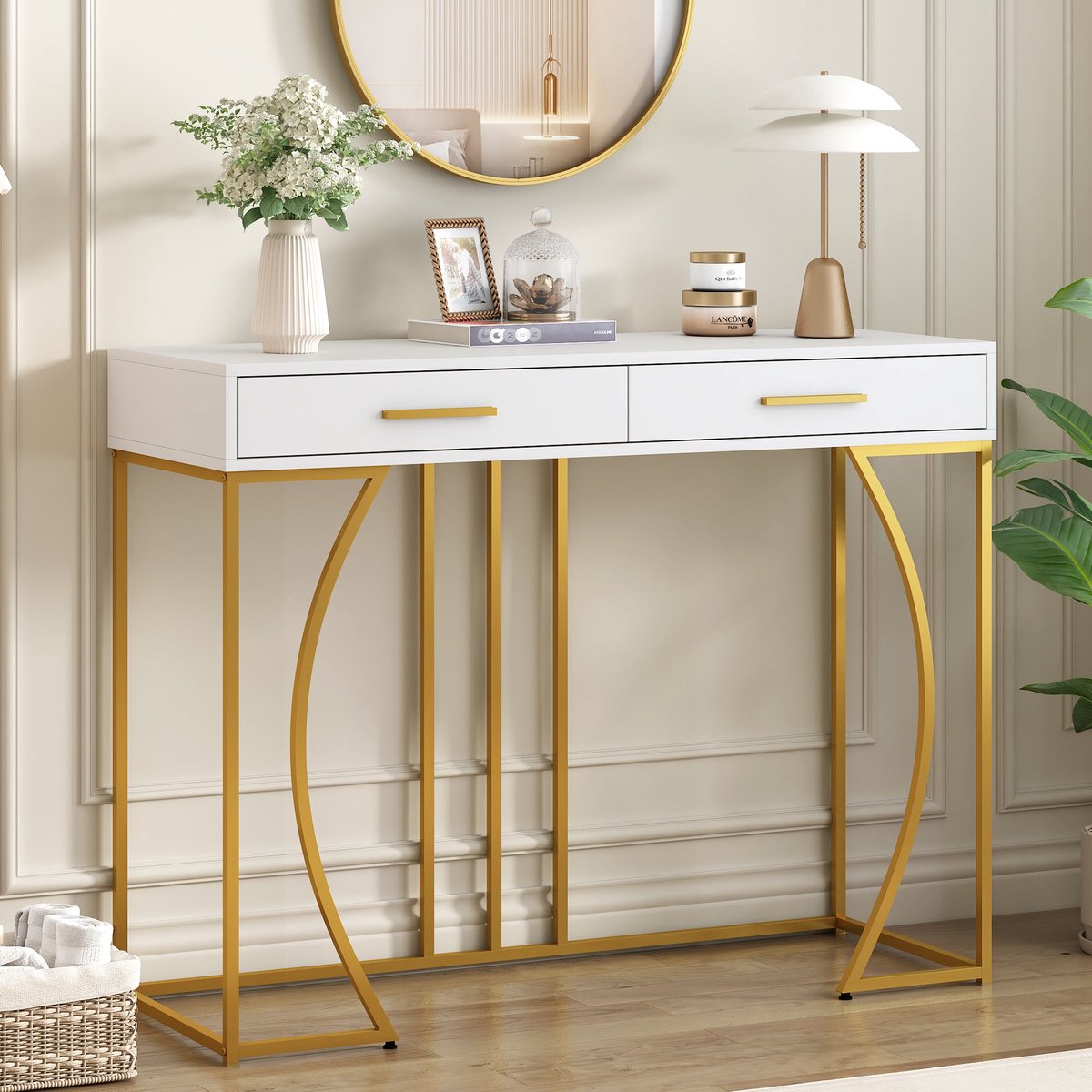 Merax Sidetable Wit met Goud – Luxe Haltafel met 2 Lades – 110x32x85 cm
