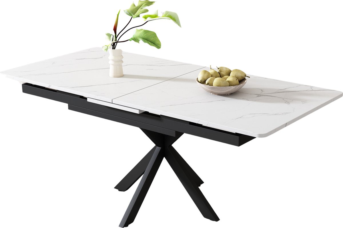 Merax Uitschuifbare Eettafel 150-180 x 70 x 75,5 cm - Automatisch Verlengbaar - Marmerlook Tafelblad - Zwart Met Wit - Metalen Kruispoot