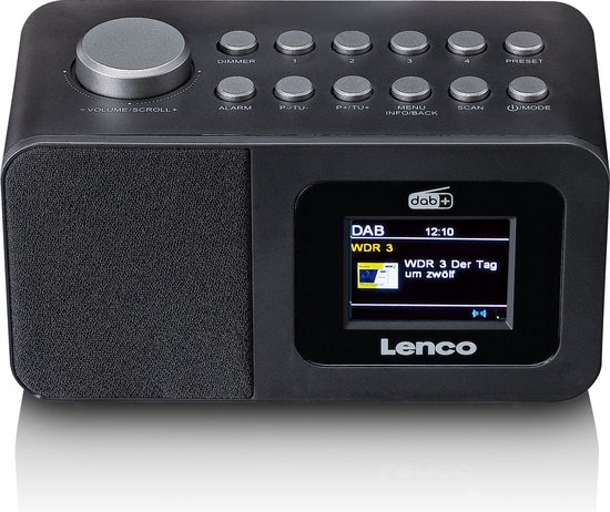 Zwarte Lenco wekkerradio met dab+ scherm, antenne en bedieningsknoppen.