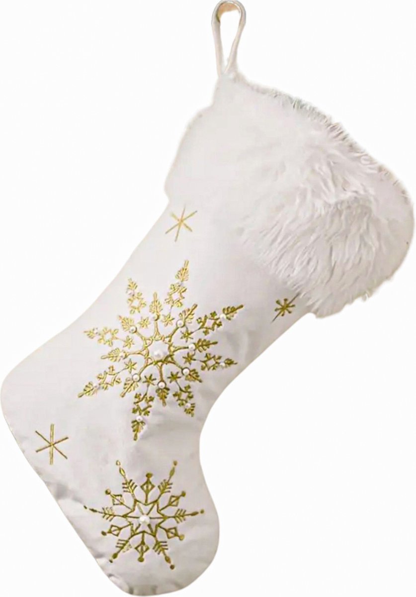 Kerstsok XL met sneeuwvlokpatroon in goud en wit voor feestdagen, met ophanglus, perfect voor cadeautjes.