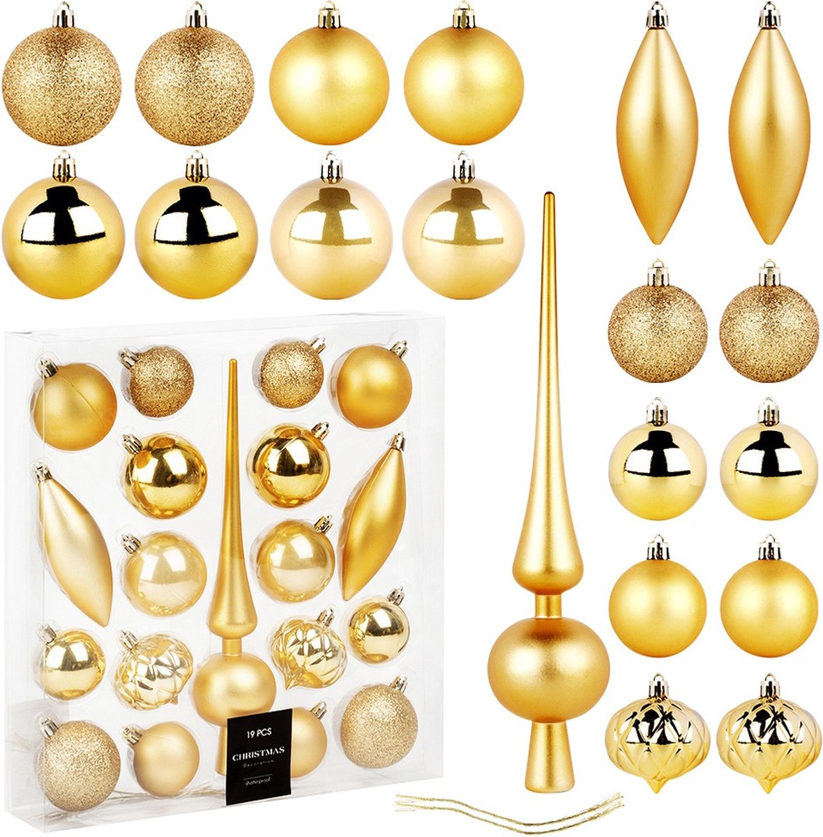 Kerstballen Set met Topper Onbreekbaar Gouden 19 delig - Kerstdecoratie