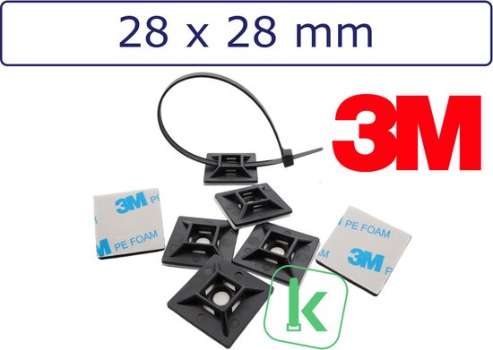 Supports adhésifs 3M noirs de 28 x 28 mm avec serre-câble et bandes PE FOAM.