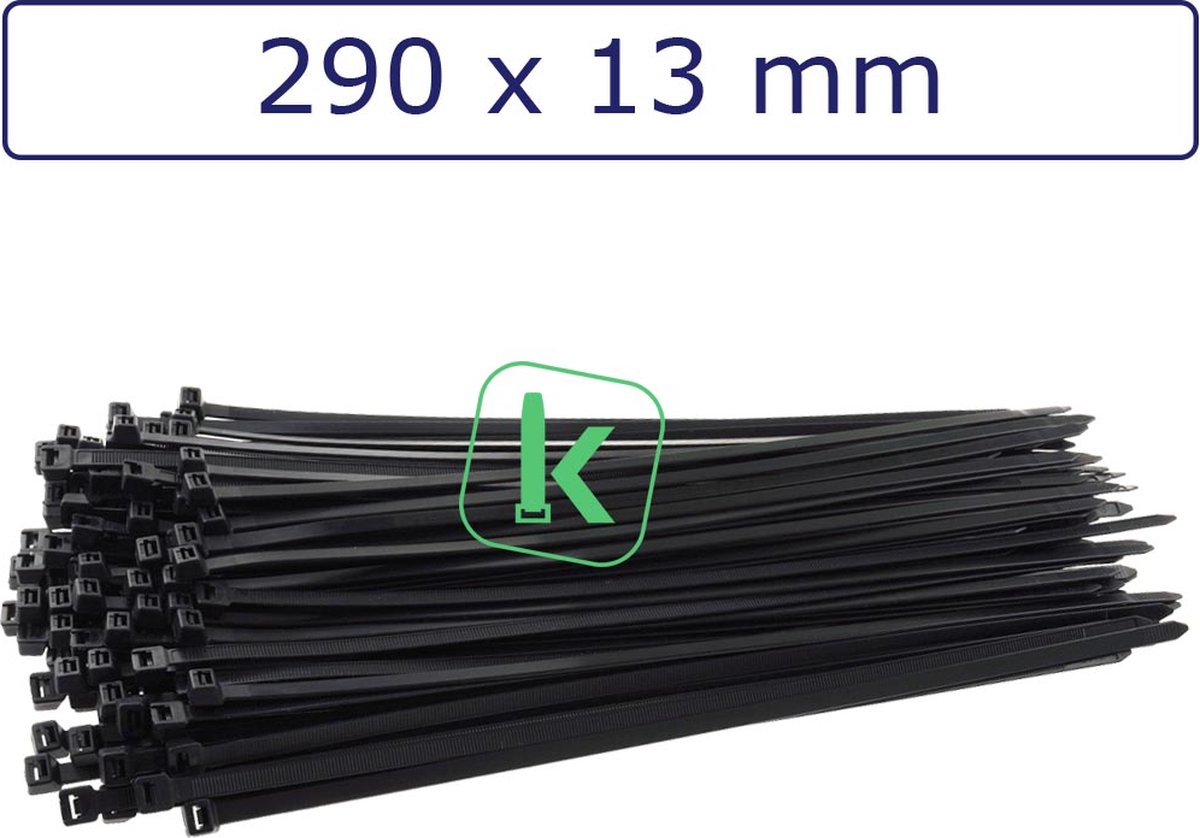 PRO-TIE® - Tyraps, kabelbinders 290 x 13 mm Zwart UV bestendig (Zak 100 stuks) (tiewrap/tyrap/tie-wrap/bundelbandje/colsonbandje/)