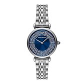 Zilverkleurig Emporio Armani dameshorloge met blauwe, bezette wijzerplaat en schakelband.