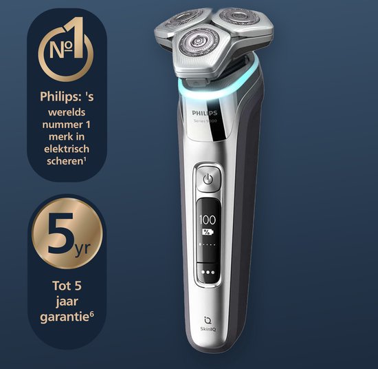Rasoir Philips Series 9000 avec 5 ans de garantie et logo "marque numéro 1 mondial".