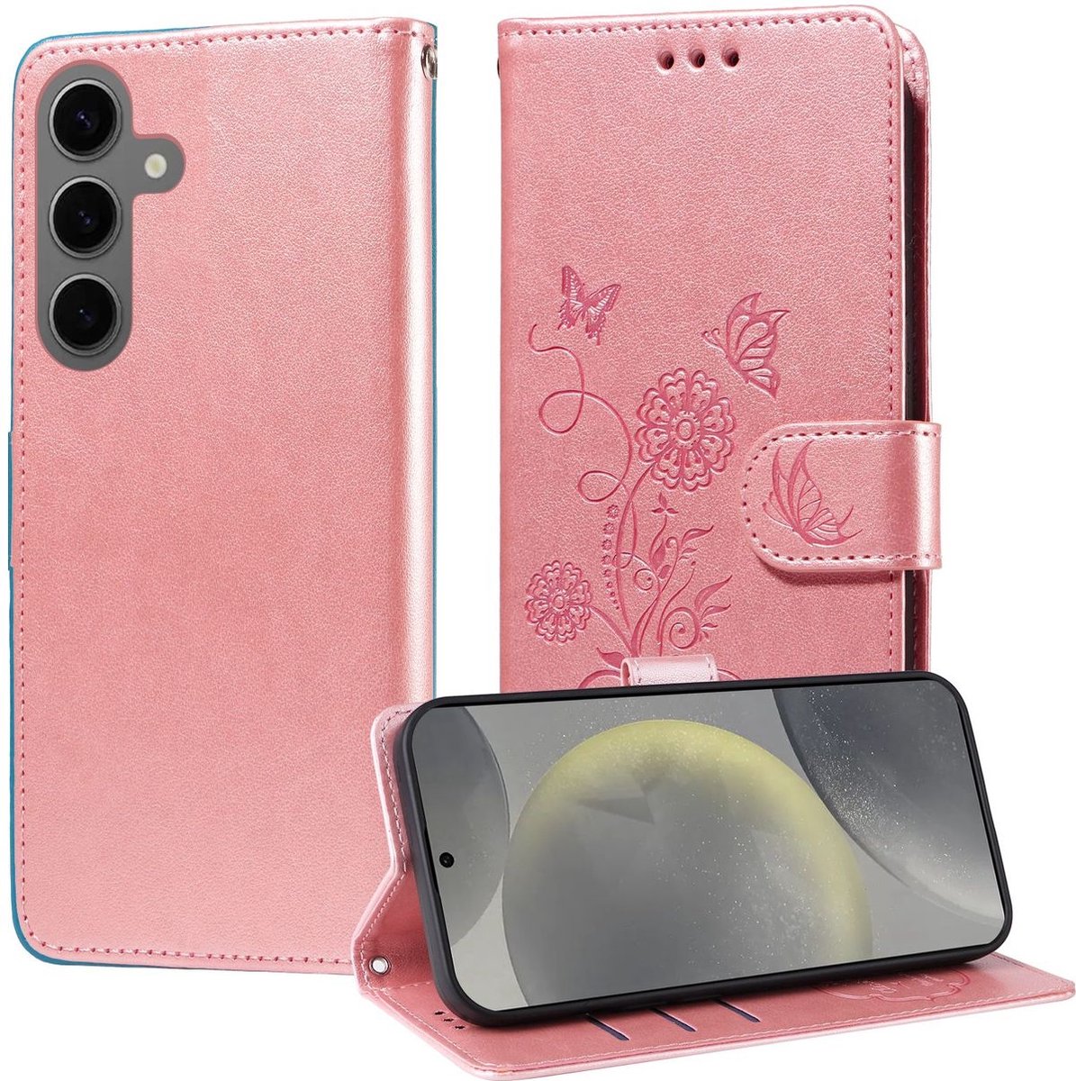 Mobigear Telefoonhoesje geschikt voor Samsung Galaxy S24 FE Hoesje | Mobigear Flowers Bookcase Portemonnee | Pasjeshouder voor 3 Pasjes | Telefoonhoesje voor Pinpas / OV Kaart / Rijbewijs - Roségoud
