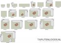 Schémas montrant différentes tailles de tapis, avec des meubles et des dimensions en centimètres.