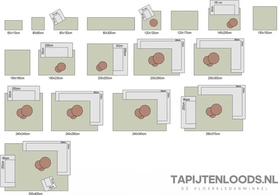 Schémas montrant différentes tailles de tapis, avec des meubles et des dimensions en centimètres.