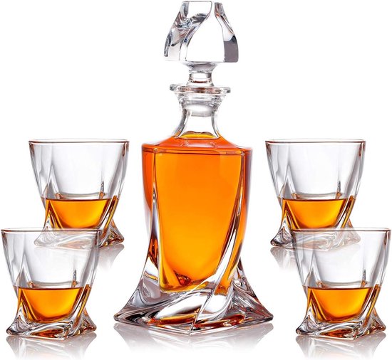Relaxdays whiskeyset 5-delig, 1 karaf & 4 glazen, met geschenkdoos, schenkkan & drinkglazen voor whiskey, transparant