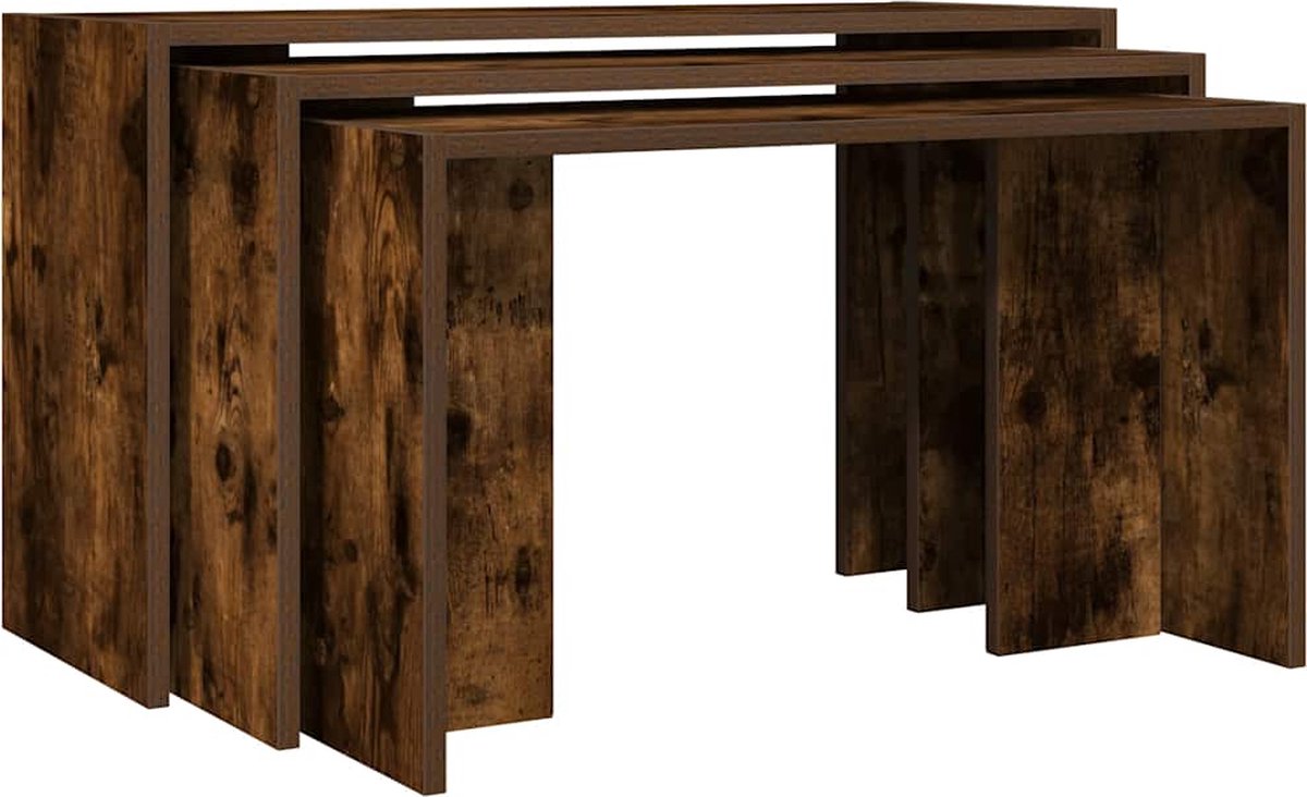 vidaXL 3-delige - Tafeltjesset - bewerkt - hout - gerookt - eikenkleurig Gerookt eiken