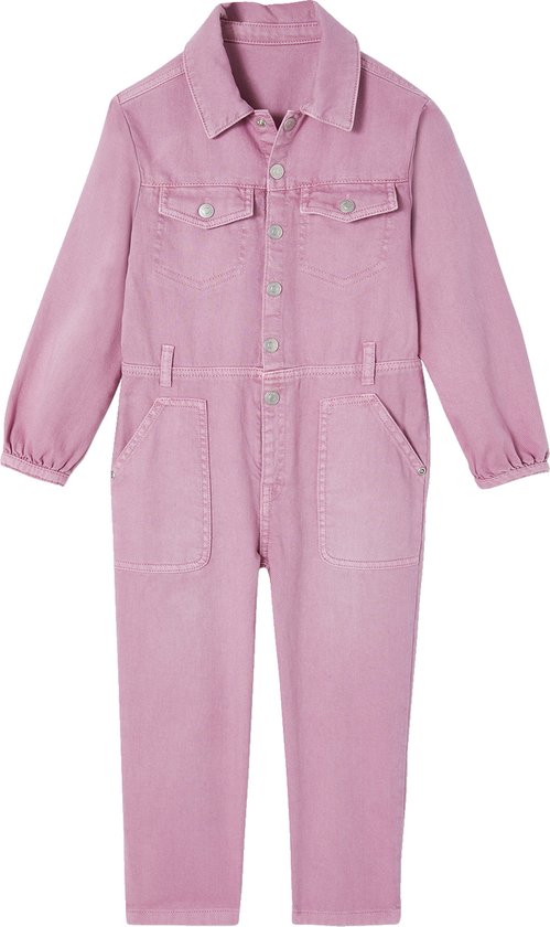 Roze denim jumpsuit voor meisjes met lange mouwen, drukknoopsluiting, kraag en zijzakken.