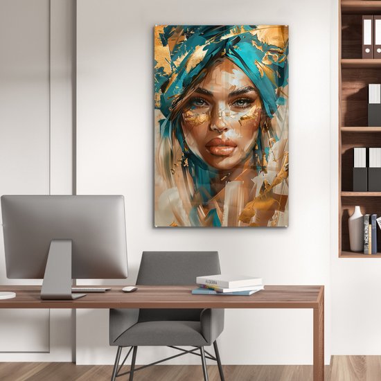 MuchoWow® Peinture sur verre 80x120 cm - Peinture sur verre acrylique - Femme - Portrait - Or - Luxe - Blauw - Photo sur verre - Décoration murale salon - Décoration murale chambre - Peintures