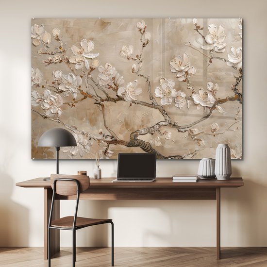 MuchoWow® Tableau sur verre 150x100 cm - Tableau sur verre acrylique - Fleurs - Moderne - Beige - Wit - Blossom - Photo sur verre - Décoration murale salon - Décoration murale chambre - Peintures
