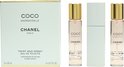 Chanel Coco Mademoiselle Eau de Toilette Twist and Spray set met drie flacons en verpakking.