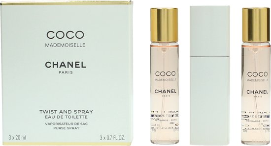 Chanel Coco Mademoiselle Eau de Toilette Twist and Spray set met drie flacons en verpakking.