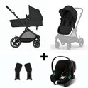 Combinatie van zwarte kinderwagen met reiswieg, autostoel, adapter en zitje.