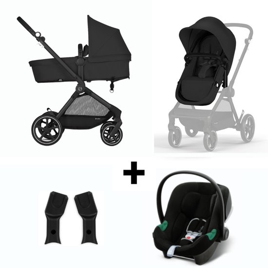 Combinatie van zwarte kinderwagen met reiswieg, autostoel, adapter en zitje.