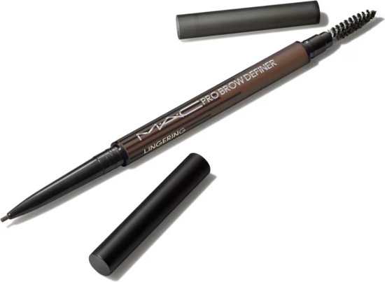 MAC Pro Brow Definer 'Lingering' met punt en borsteltje, met dopjes ernaast.