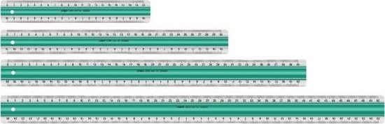 Set van vijf Linex linialen in verschillende lengtes, met zilveren rand en groene strook.