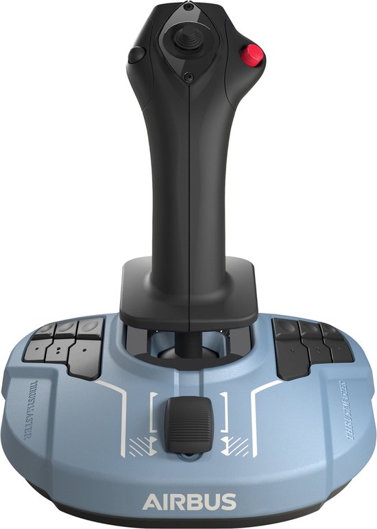 Lichtblauwe joystick met zwarte knoppen, rode knop en Airbus logo op de basis.