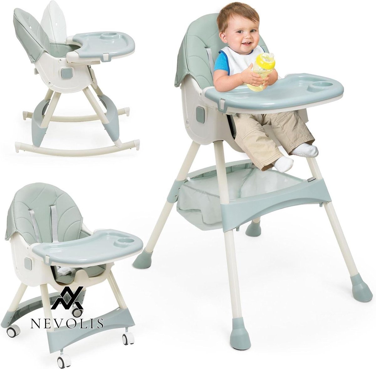 Nevolis Kinderstoel 3-in-1 verstelbare Wipstoeltje babyligstoelbaby Peuterstoeltje en Meegroeistoel in 1Groen Inklapbare Eetstoel met Afneembaar dienblad en 4 Wielen .