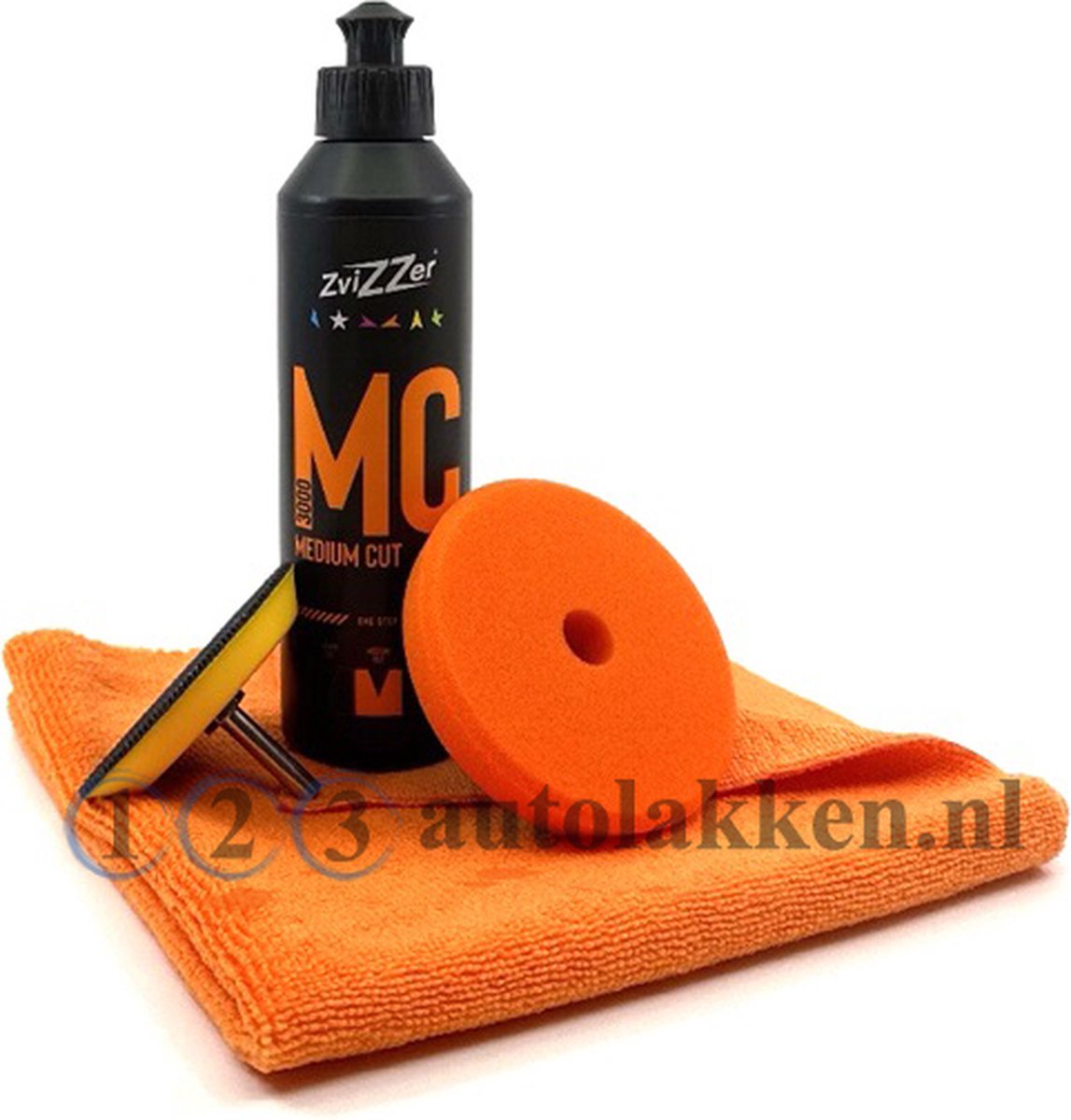 Zvizzer - Polijstpasta MC 3000 Medium Cut- Velcro steunschijf met adaptor boormachine- poetspad Medium Oranjel 90x20x76 - microvezeldoek