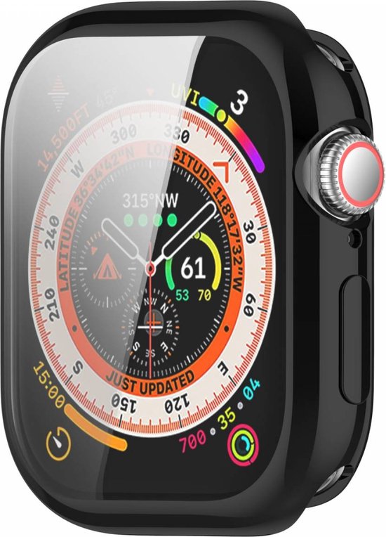 Zwart hoesje met glasbescherming voor Apple Watch met een open zijkant en digitale wijzerplaat.