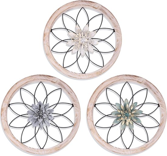 DMYBC 3 stuks rustieke wanddecoratie ronde boerderij, wanddecoratie metaal met houten frame, wanddecoraties voor huis, woonkamer, eetkamer, slaapkamer, keuken