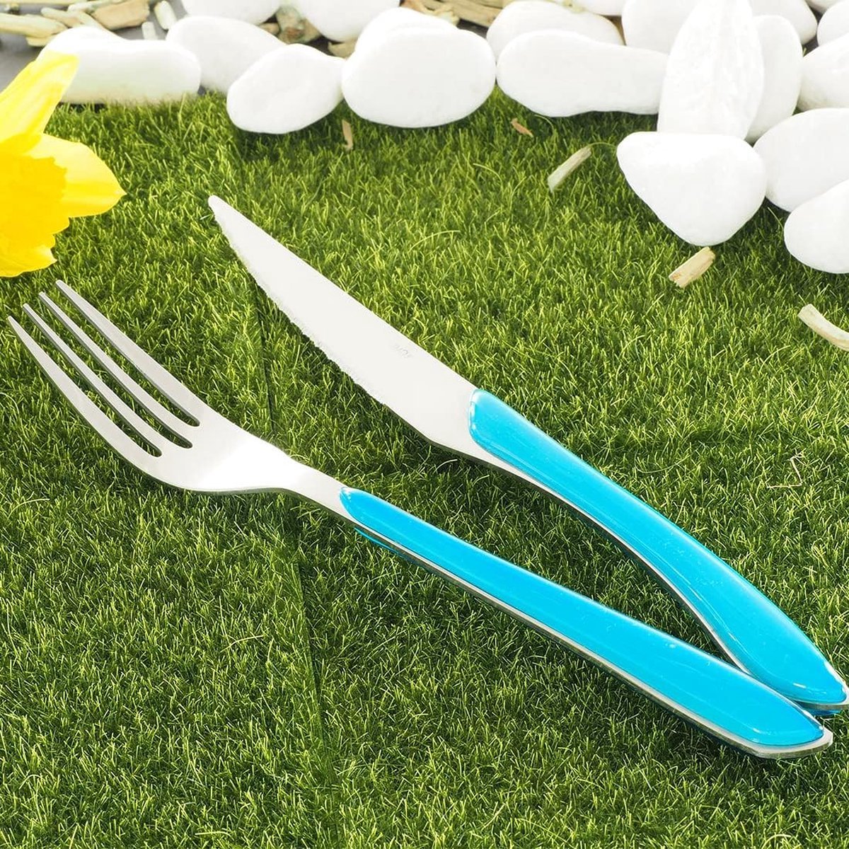 Bestekset, turquoise, 24-delig, voor 6 personen, roestvrij staal, hoogwaardige kunststof handgrepen, vaatwasmachinebestendig, bestekset voor 6 personen, campingbestek
