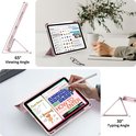 Roze iPad Air hoes in 65° kijkhoek en 30° typenhoek, met Apple Pencil