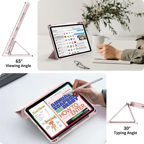 Roze iPad Air hoes in 65° kijkhoek en 30° typenhoek, met Apple Pencil