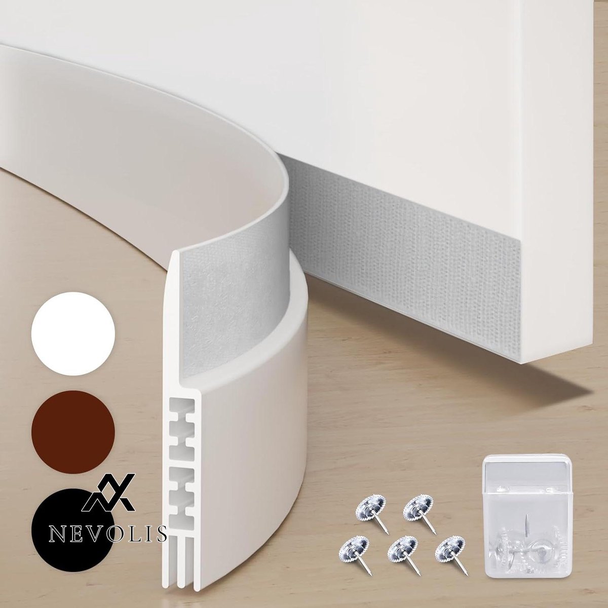 Nevolis Tochtstopper Tape Voor Deur-Diepgang Excluder, Geluidsisolatie en Energiebesparing, Wit - Inclusief 5 Pinnen .