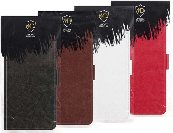 Vier wallet book cases in zwart, bruin, wit en rood, verpakt in plastic.