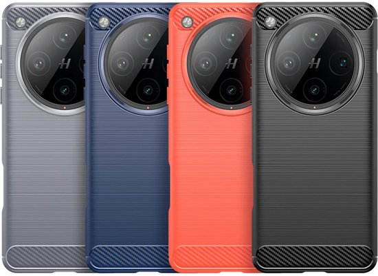 Vier telefoonhoesjes in het grijs, blauw, oranje en zwart, met geborsteld metaal textuur en carbon-look accenten.