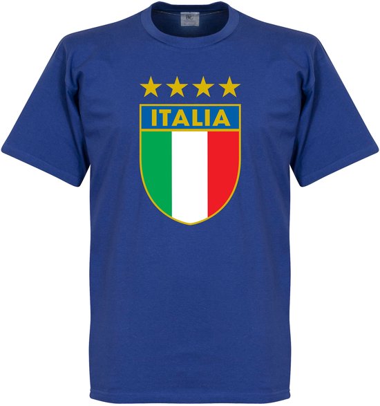 Blauw T-shirt met op de borst een geel-gouden schild met Italiaanse vlagkleuren en de tekst 'ITALIA'. Boven het schild staan vier gele sterren.