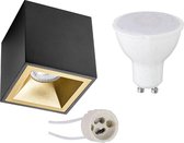 Opbouwspot Set - Pragmi Cliron Pro - GU10 Fitting - Opbouw Vierkant - Mat Zwart/Goud - 4W - Helder/Koud Wit 6400K - Verdiept - 90mm - BSE