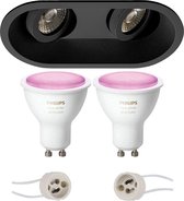 Pragmi Zano Pro - Inbouw Ovaal Dubbel - Mat Zwart - Kantelbaar - 185x93mm - Philips Hue - LED Spot Set GU10 - White and Color Ambiance - Bluetooth - BES LED