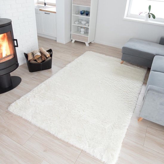 Tapiso Silk Vloerkleed Wit Ivory Hoogpolig Woonkamer Tapijt Maat- 80x150