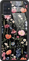 Samsung A71 hoesje glas - Dark flowers - Hard Case - Zwart - Backcover - Marmer - Goud