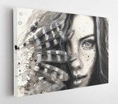 Black and white watercolor hand painted portrait of a girl with feathers and freckles. An impressive look. Ink splashes  - Modern Art Canvas  - Horizontal - 379871374 - 40*30 Horiz