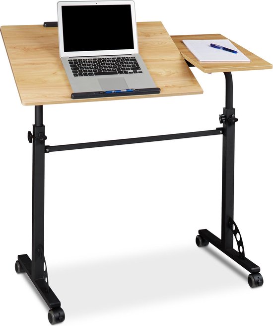 Relaxdays Laptoptafel XXL - verstelbaar - laptopstandaard - op wieltjes - hout - katheder - geel