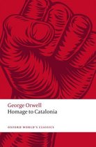Boek "Homage to Catalonia" van George Orwell, met een rode vuist op de omslag.
