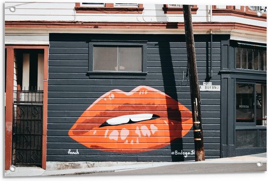 Tuinposter – Rode Graffiti Lippen - 90x60cm Foto op Tuinposter  (wanddecoratie voor buiten en binnen)