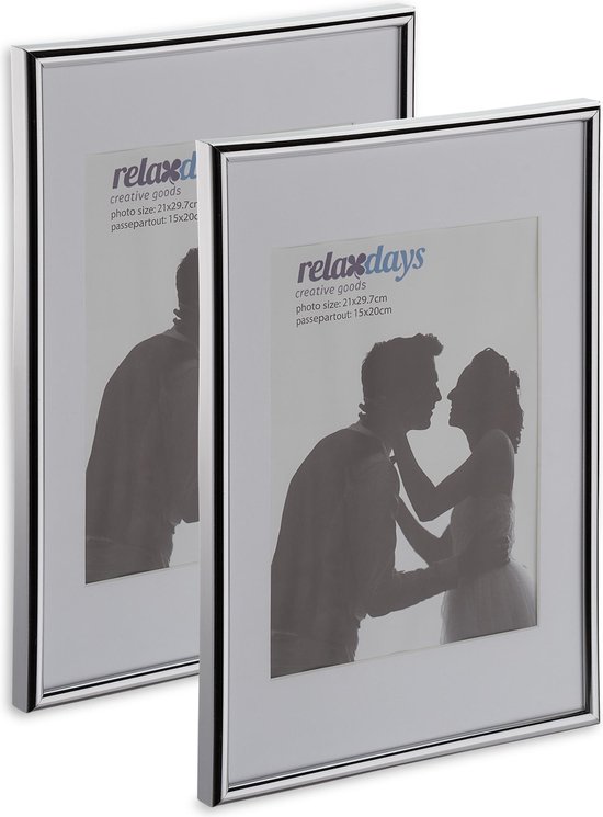 Relaxdays fotolijst a4 - 2 stuks - fotokader - wissellijsten met passe partout - voor muur - zilver