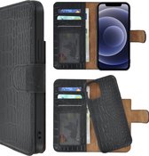 iPhone 12 hoesje - Bookcase - Portemonnee Hoes 2in1 Uitneembaar Echt leer Wallet case Croco Zwart