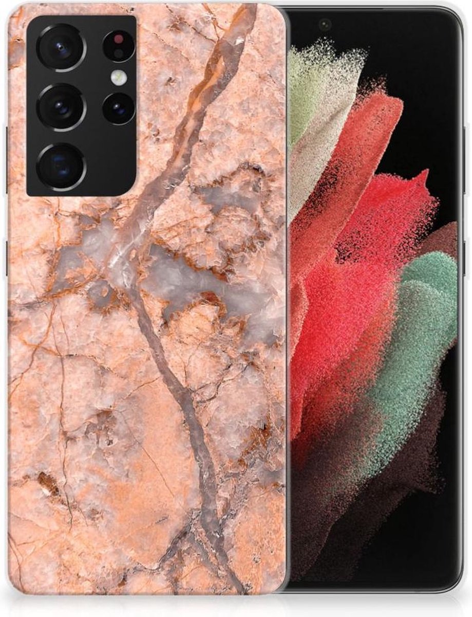 Samsung Galaxy S21 Ultra TPU Siliconen Hoesje Marmer Oranje